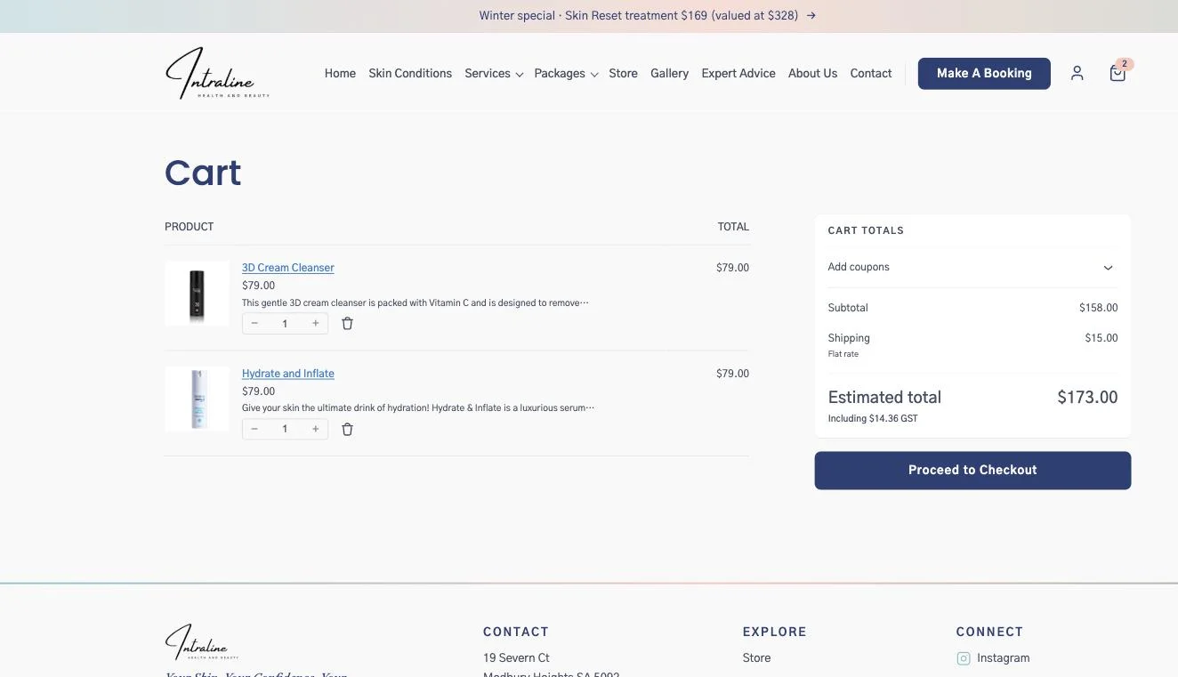 The Intraline cart: two skincare products at $79 each, subtotal, flat rate shipping and an estimated total including GST, above a proceed to checkout button