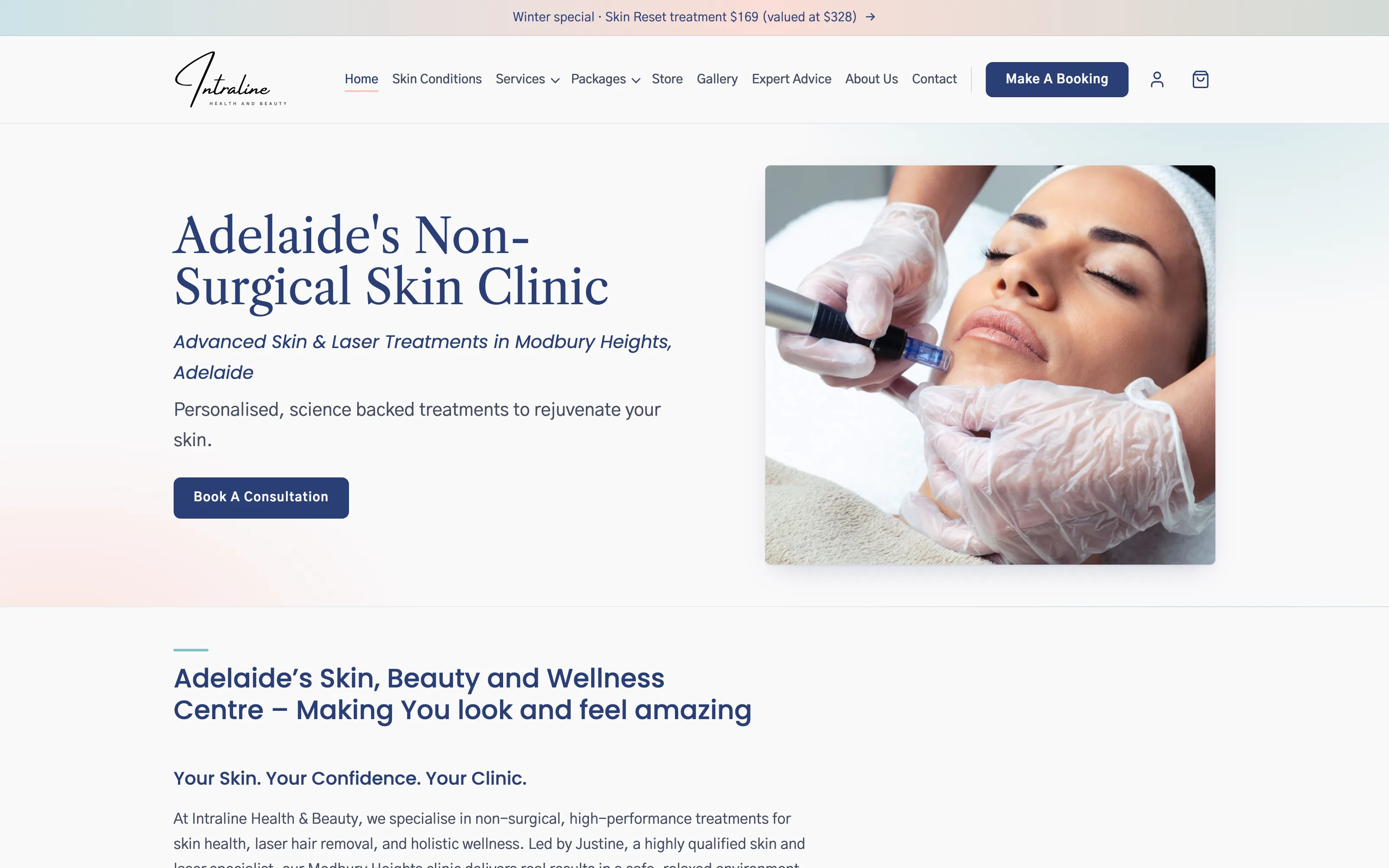 The Intraline Health & Beauty homepage: Adelaide's non-surgical skin clinic, with a book a consultation button and a skin needling treatment photo