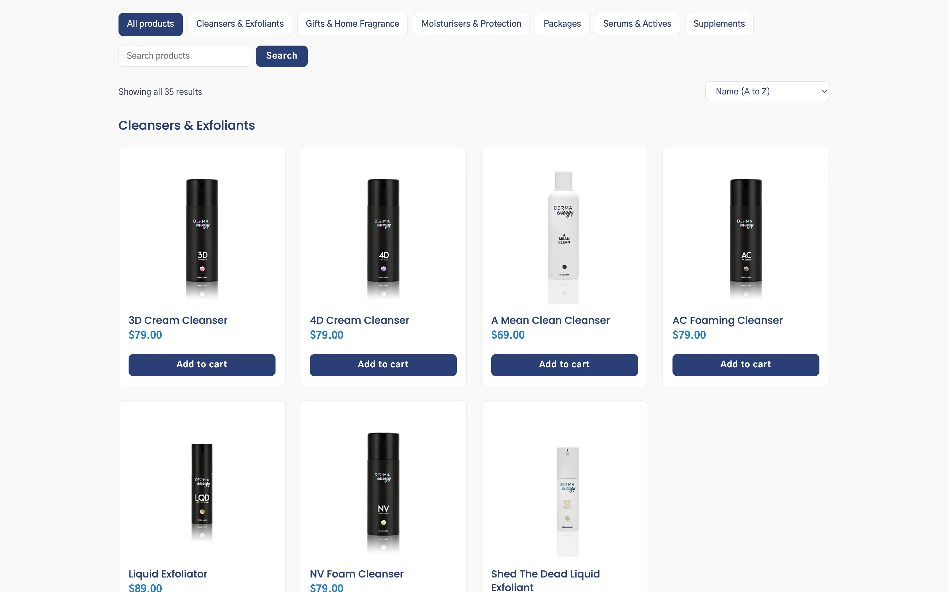 The Intraline online store: category filters above a grid of Derma Energy cleansers and exfoliants, each with a price and an add to cart button