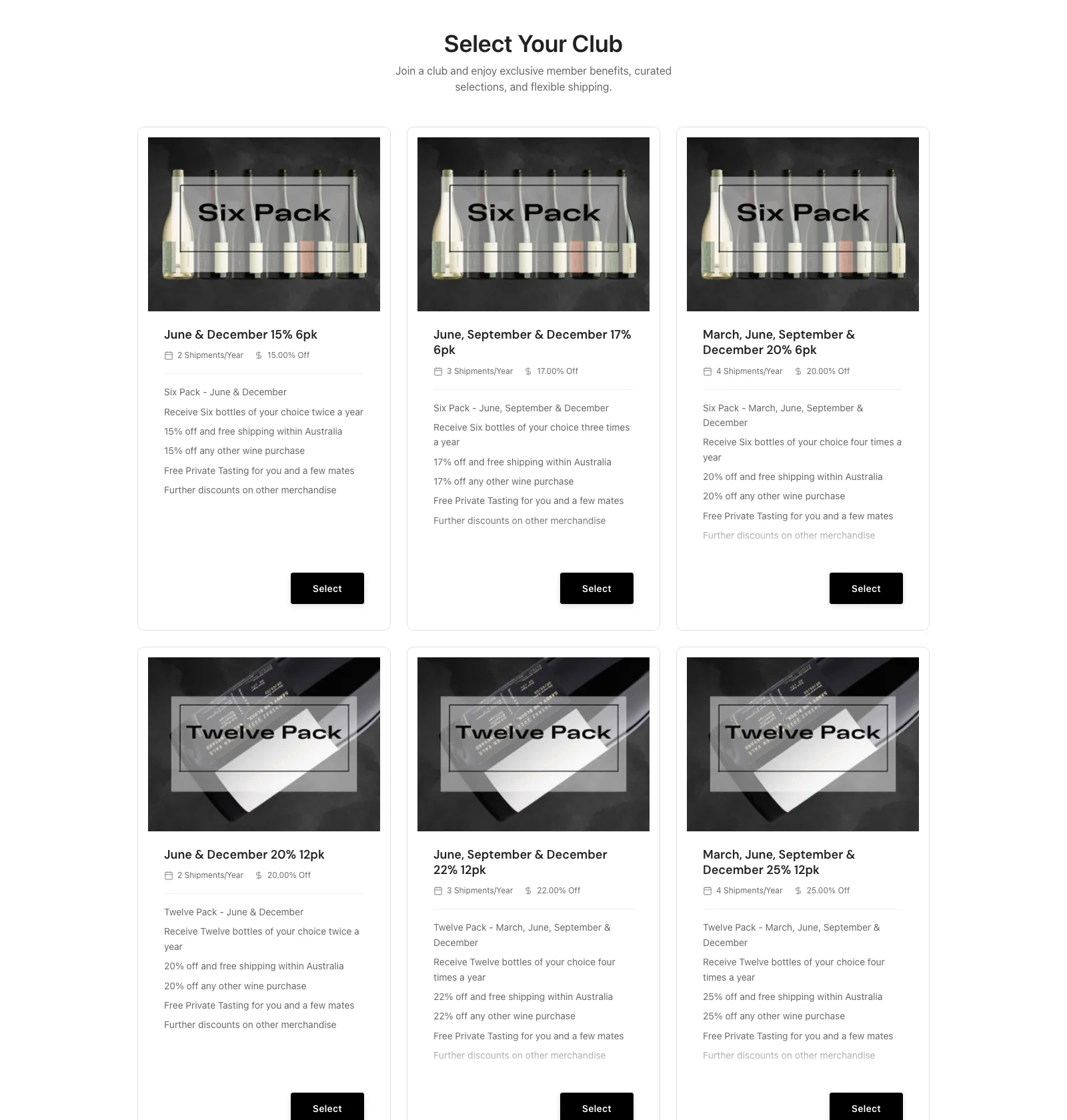 The Juxtaposed wine clubs page: six pack and twelve pack club tiers with member benefits