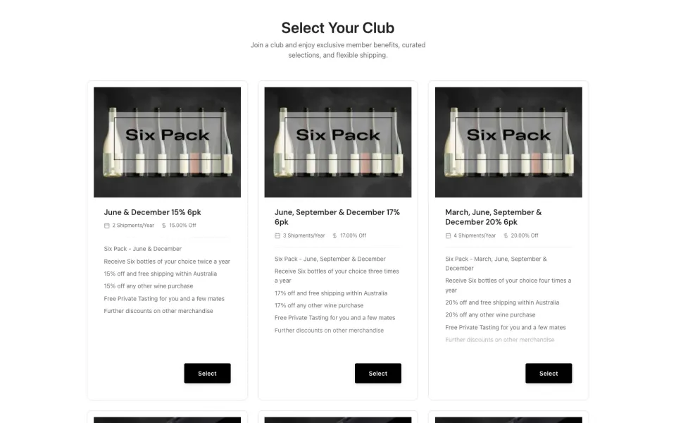 The Juxtaposed Wines clubs page: six pack and twelve pack club tiers with member benefits