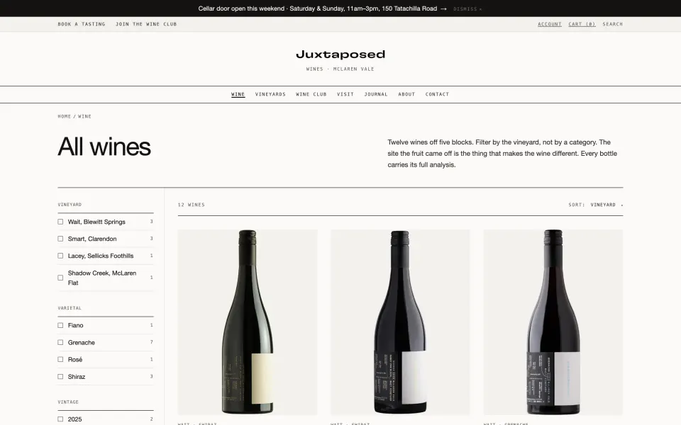 The Juxtaposed Wines online store: the wine range in a grid beside filters for vineyard, varietal and vintage