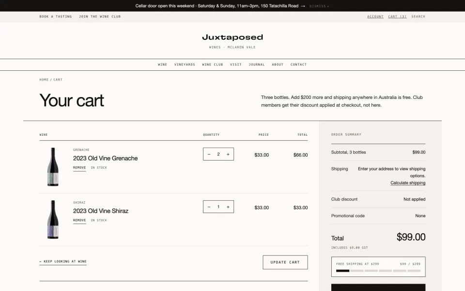 The cart: three bottles listed with quantities and prices beside an order summary totalling ninety nine dollars