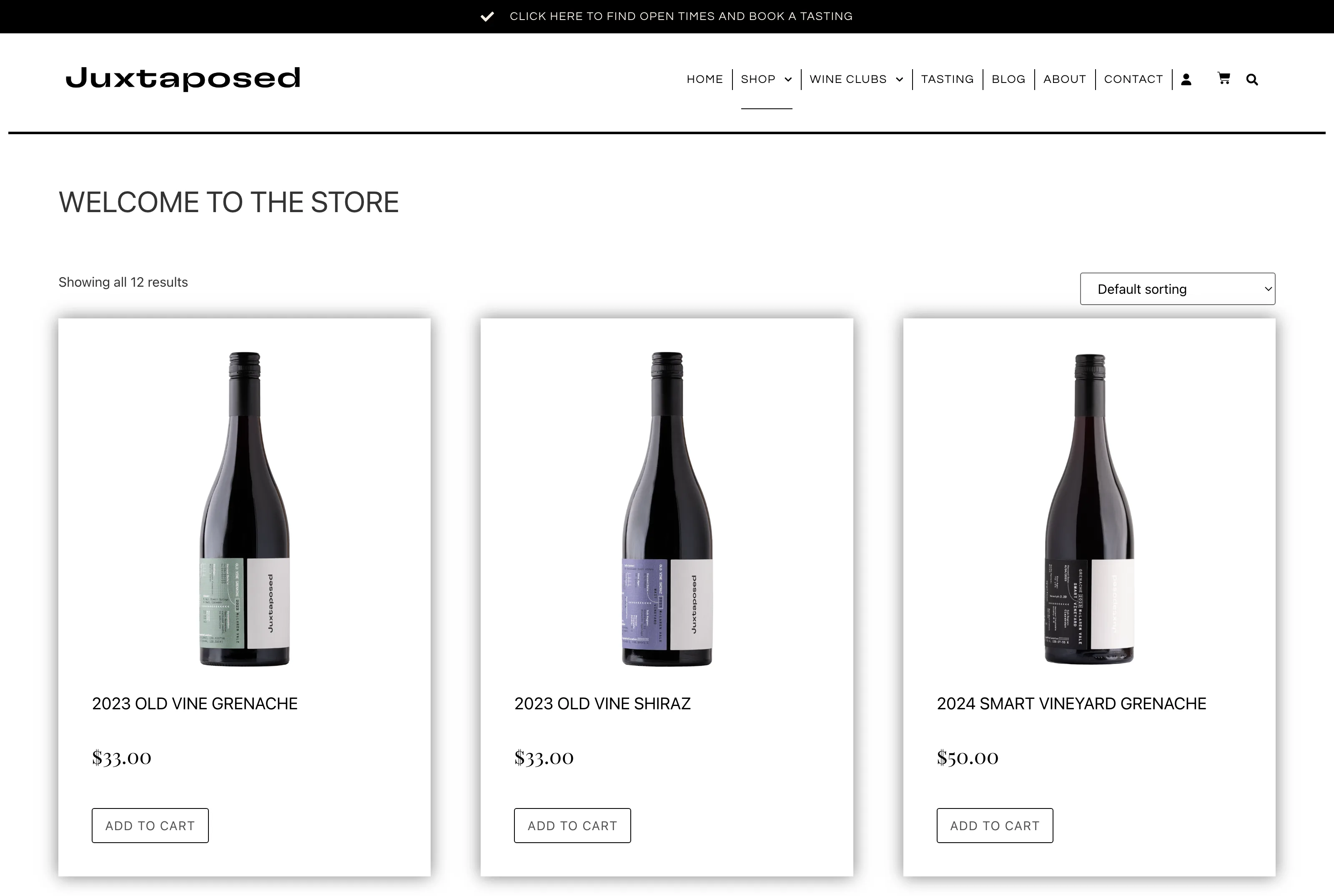 The Juxtaposed online store: grenache and shiraz bottles with prices and add to cart buttons