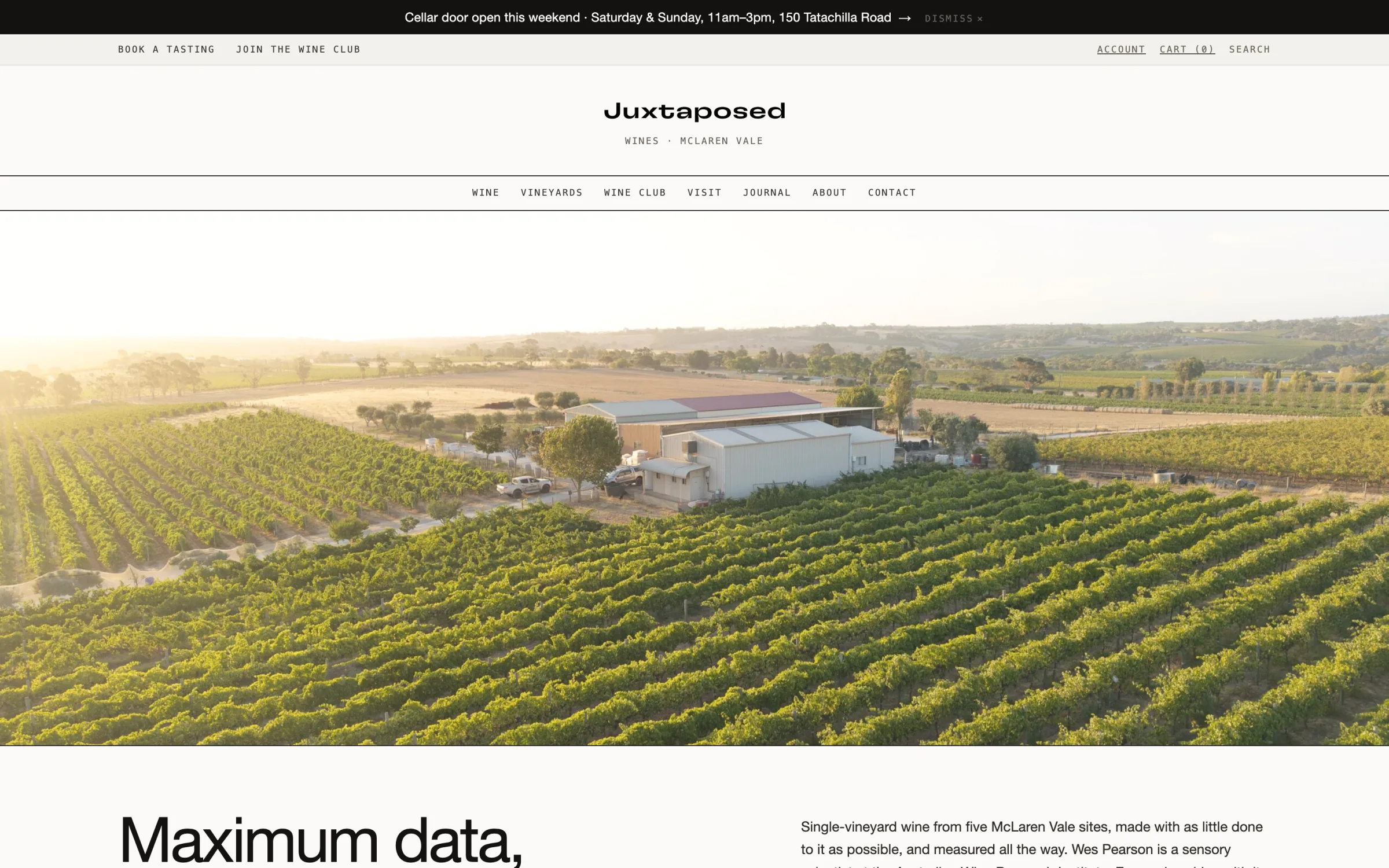 The Juxtaposed Wines homepage: a centred logotype above a wide aerial photograph of the McLaren Vale vineyard at sunset