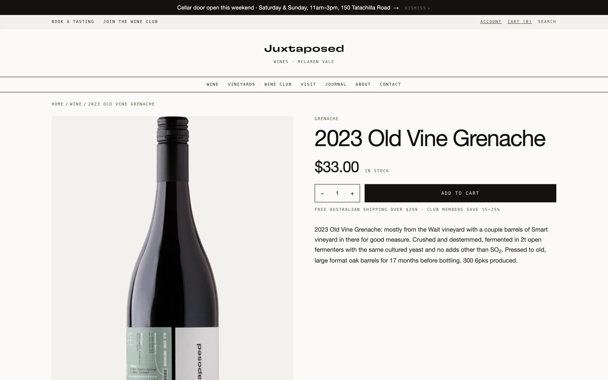 A single wine page: the 2023 Old Vine Grenache bottle beside its price, stock status and add to cart button