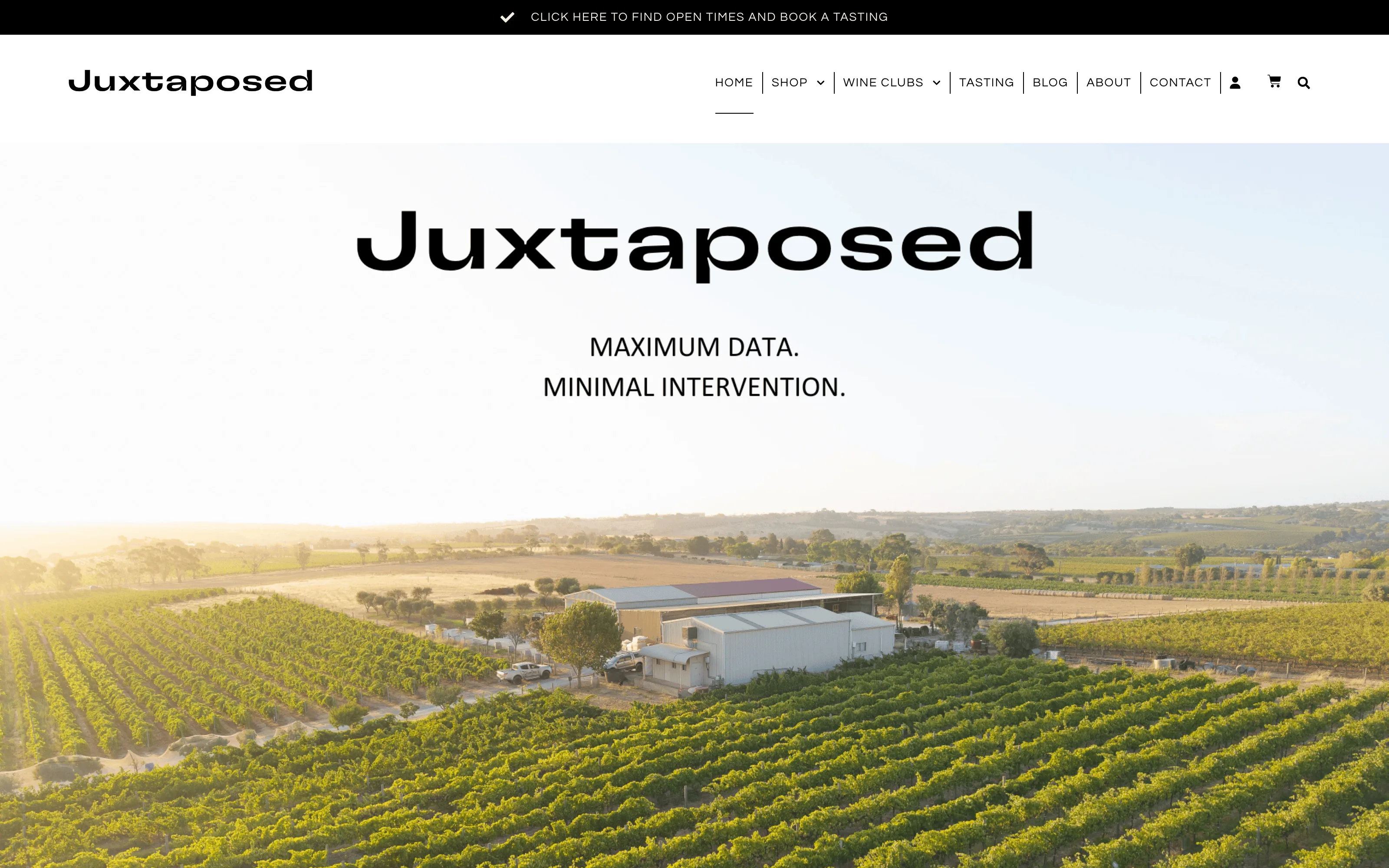 The Juxtaposed Wines homepage: vineyard aerial with the tagline maximum data, minimal intervention
