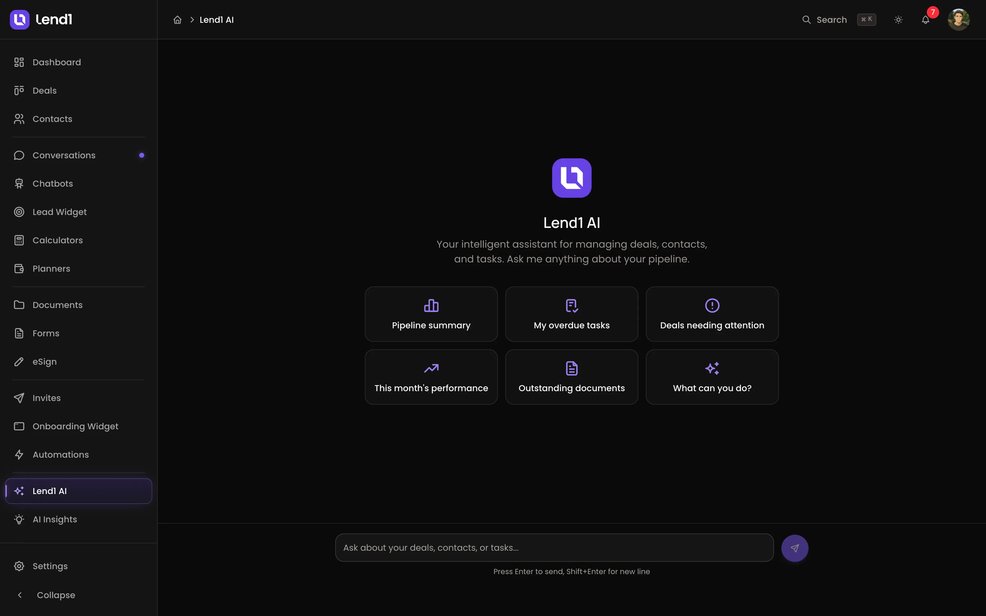 The Lend1 AI assistant screen: ask anything about deals, contacts and tasks in the pipeline