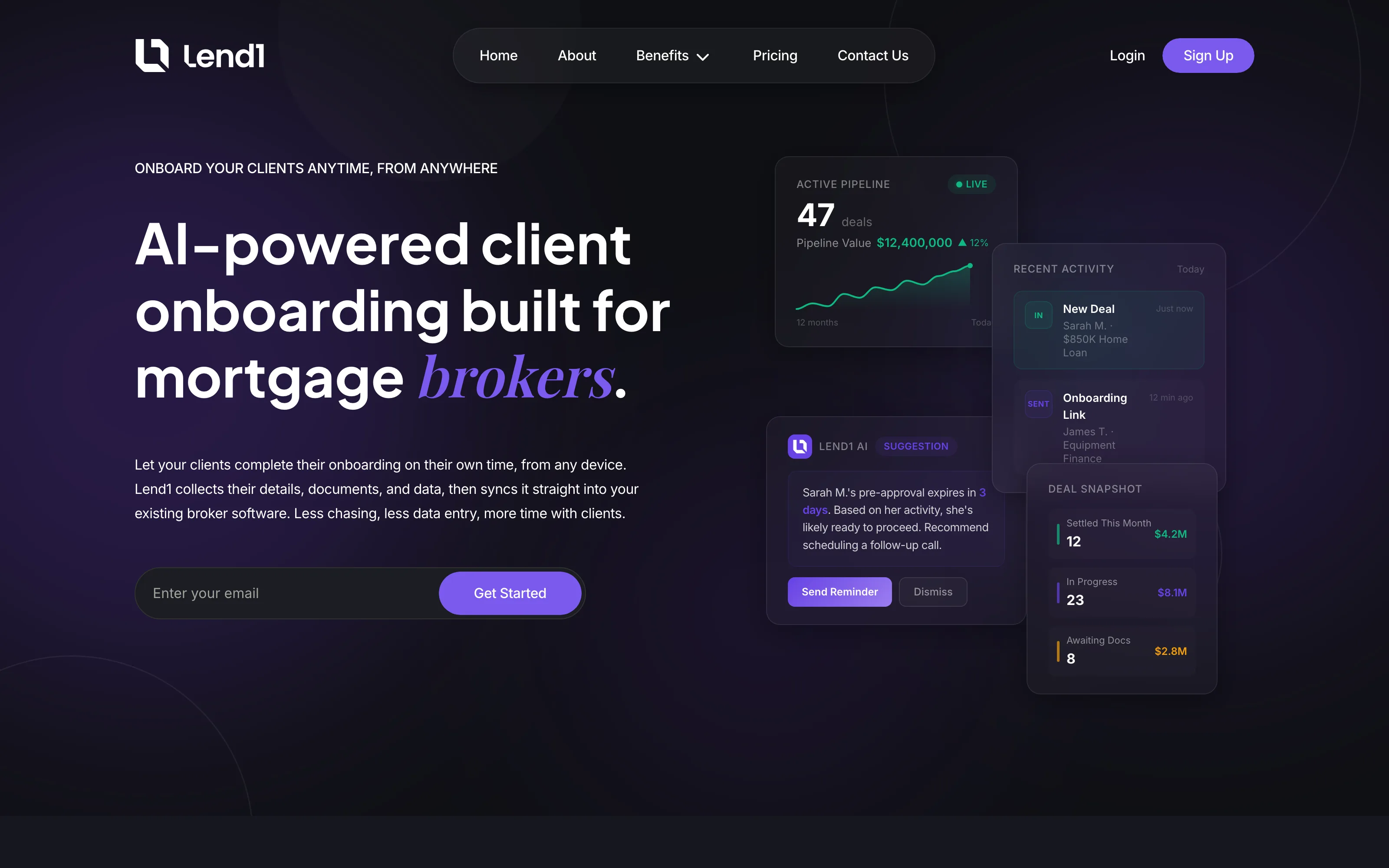 The lend1.com.au homepage: AI-powered client onboarding built for mortgage brokers