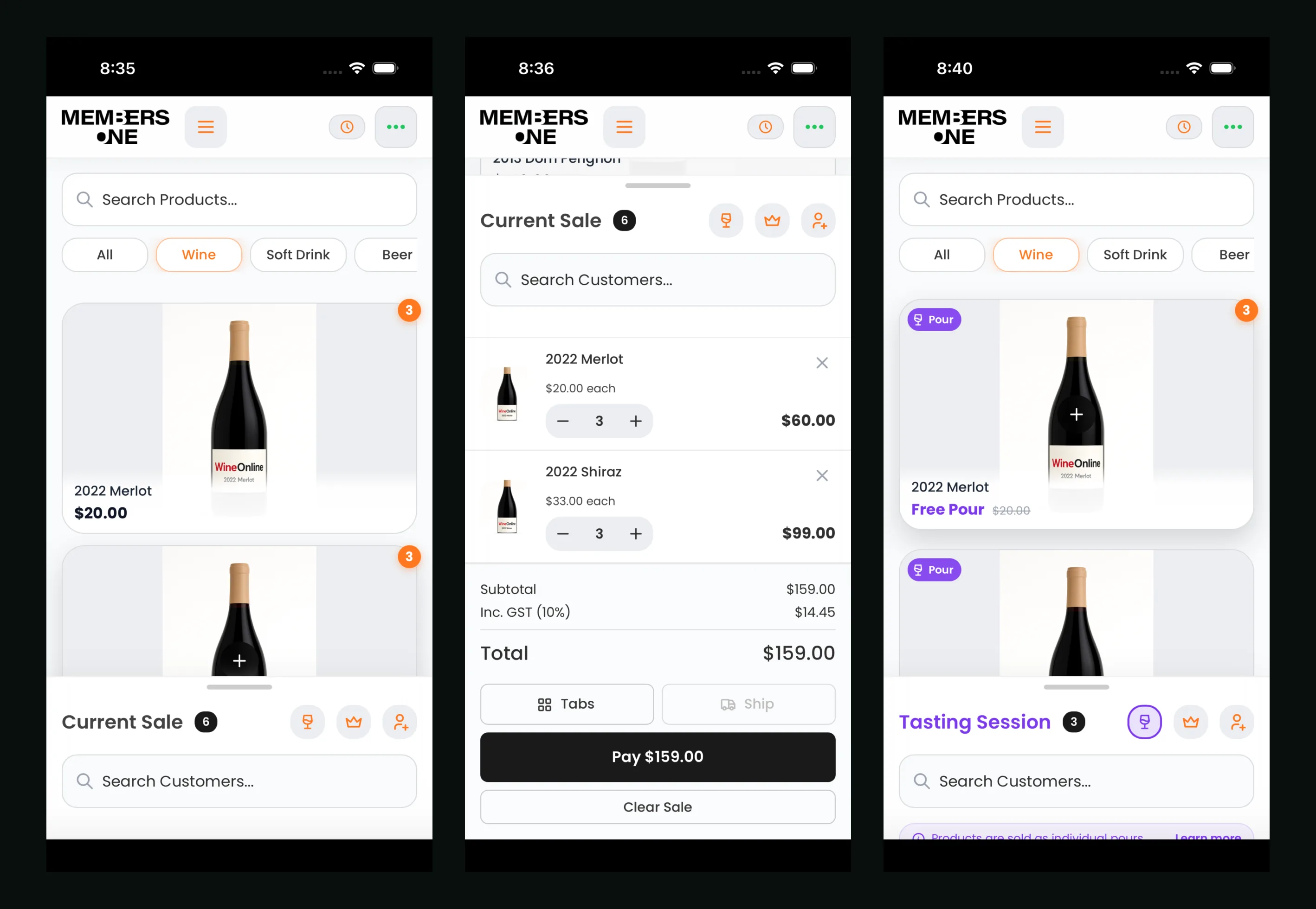 Three MO POS screens: product search, a sale being taken with GST, and tasting session mode with free pours