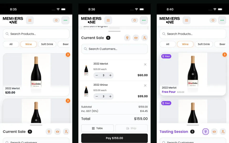 Three MO POS screens: product search, a sale being taken with GST, and tasting session mode with free pours
