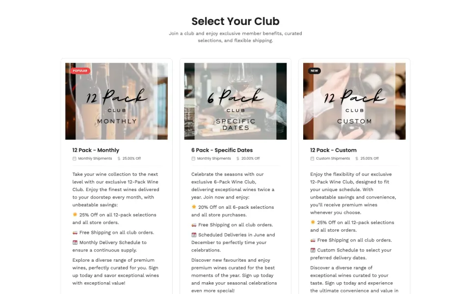 A winery's club selection page: three wine club tiers with member benefits and signup buttons