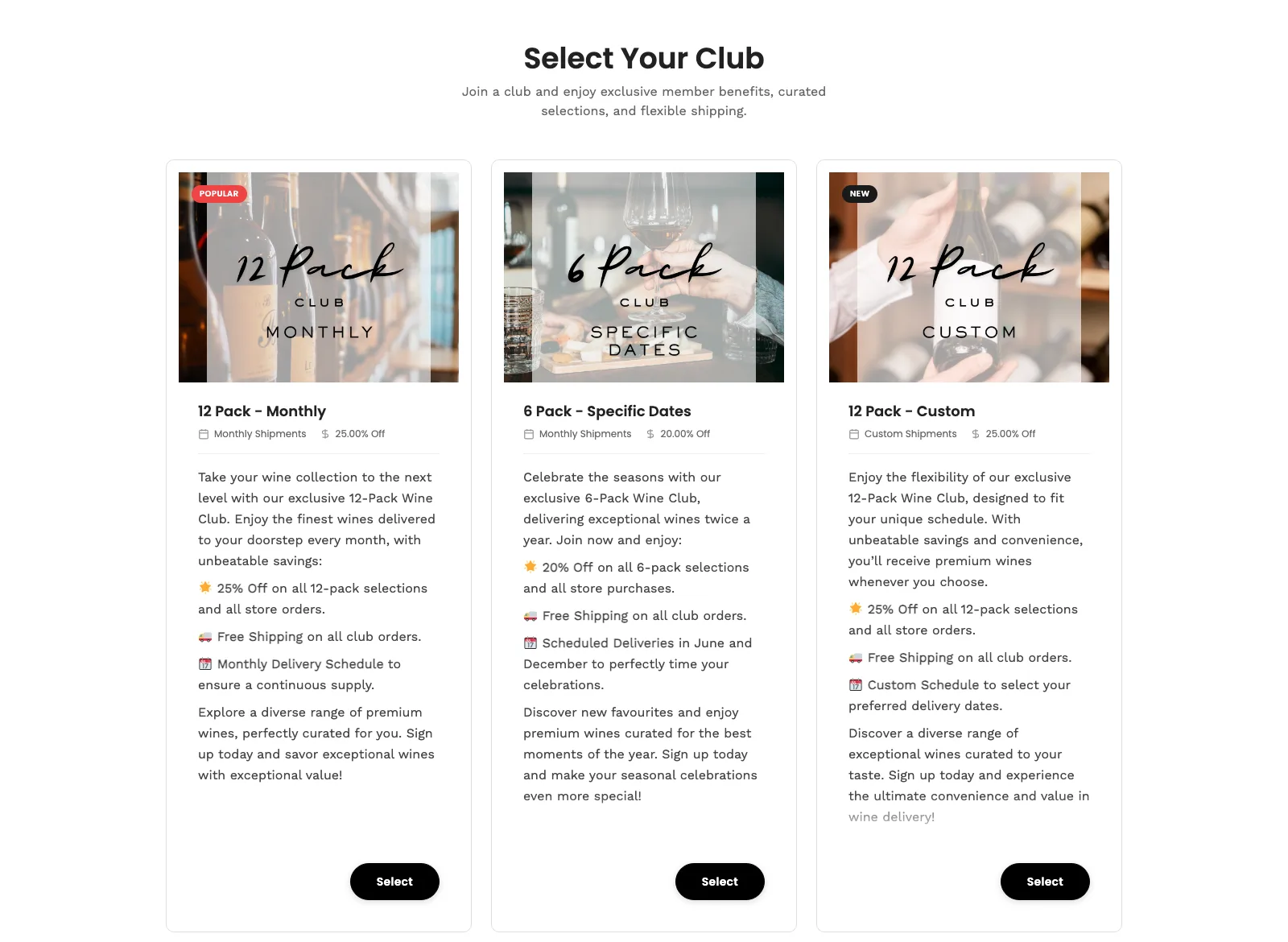 A winery's club selection page: three wine club tiers with member benefits and signup buttons